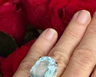 #26 -$370 -  14kt gold large blue topaz faceted - size 5 