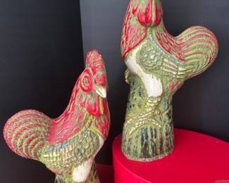 #169 - $150 - 70's Sarreid limited pair of terracotta glazed chicken. 15" tall. 