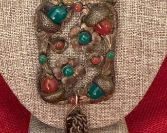 #57 - $125 - Vintage 1940's necklace gold plated with cabochon botanicals design, 