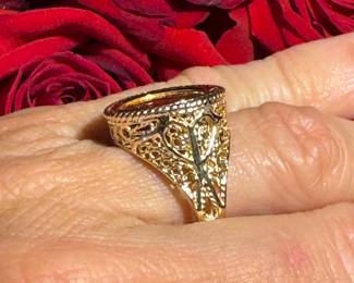 #102 -  $575 - 1/20 Koala coin 24kt gold on 14kt gold mount 6.1 grams - filigree mount. Size 7 1/2 