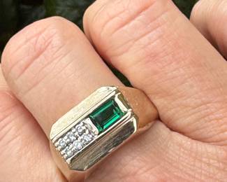 #95 - $625 - Men ring art deco style, lab created emerald & diamond, 14kt yellow gold. 7.3 gr. Size 10 