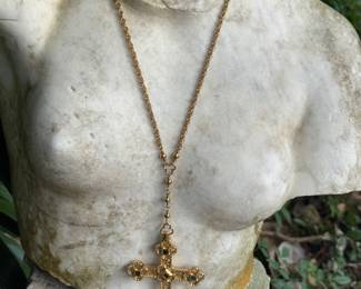 #160 - One of a kind!!!! Custom made "Jeweled Cross of Burges" 18kt yellow gold (approx 1987) mesuring 3.25" H x 2.38"W, 55.72 grams , jeweled with 4 square emeralds, 4 square sapphires & 2 rubies. Reversible cross. Hang on an 18kt gold loose rope chain, 20" long + 2.5" chain between cross and chain. chain weight 19.36 grams. $4,750. Appraisal included. 