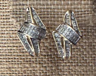 #147 - Diamonds round/baguettes earrings on 14kt yellow gold setting. French backs. Approx 1 ctw diamonds. 4.5 grams. $575