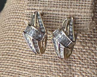 #147 - Diamonds round/baguettes earrings on 14kt yellow gold setting. French backs. Approx 1 ctw diamonds. 4.5 grams. $575