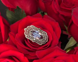 #37 - $80 -10kt white gold pin or pendant, with amethyst oval faceted. 