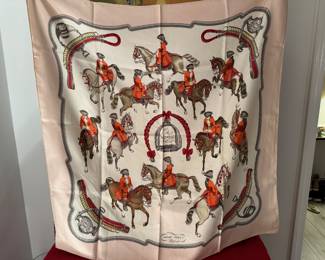 #137 - $ - Hermes scarf 36" - vintage - pink & hot orange - Show horses  - 100% silk - a couple of stains 
