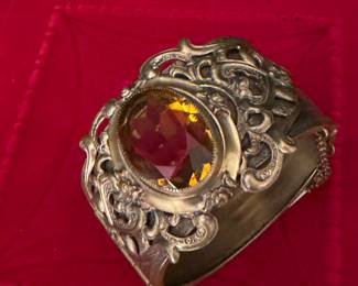 #58 - $160 - Large Victorian bracelet with glass citrine colored oval faceted stone