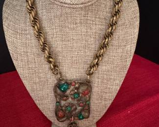 #57 - $125 - Vintage 1940's necklace gold plated with cabochon botanicals design, 