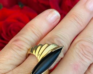 #27 - 14kt gold & onyx 70's sculptura ring size 5.5 to 6. Unusual. $475.00