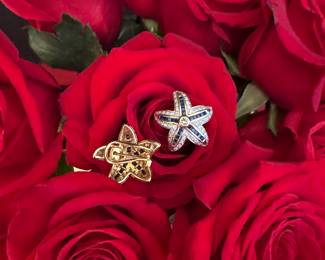 #35 - Starfish Pair of 14kt yellow gold earrings with round diamonds and sapphires baguettes - French back. $760