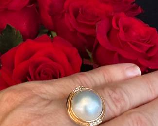 #33 - $325 - Mabe pearl on 14kt gold setting with 3 small diamonds - size 7.5. 