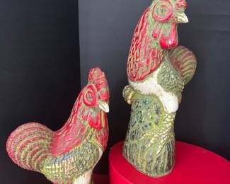 #169 - $150 - 70's Sarreid limited pair of terracotta glazed chicken.15" tall. 