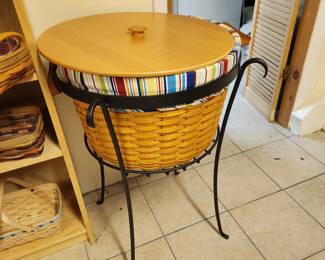 Longaberger beverage bucket on iron stand