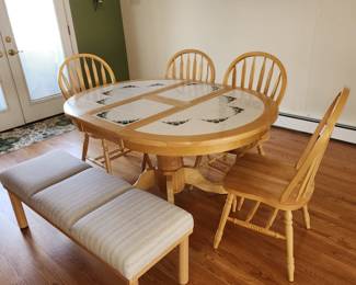 Tile top dining table w pop-up center, 4 chairs and bench
