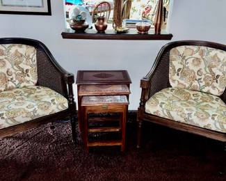 MCM Rattan chairs and smal nesting table set