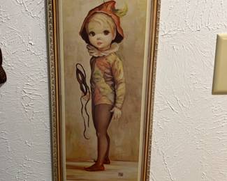 MCM Wall Art - vintage Jean Maio Harlequin Big Eyed Boy print on cork board, size 17" x 8"