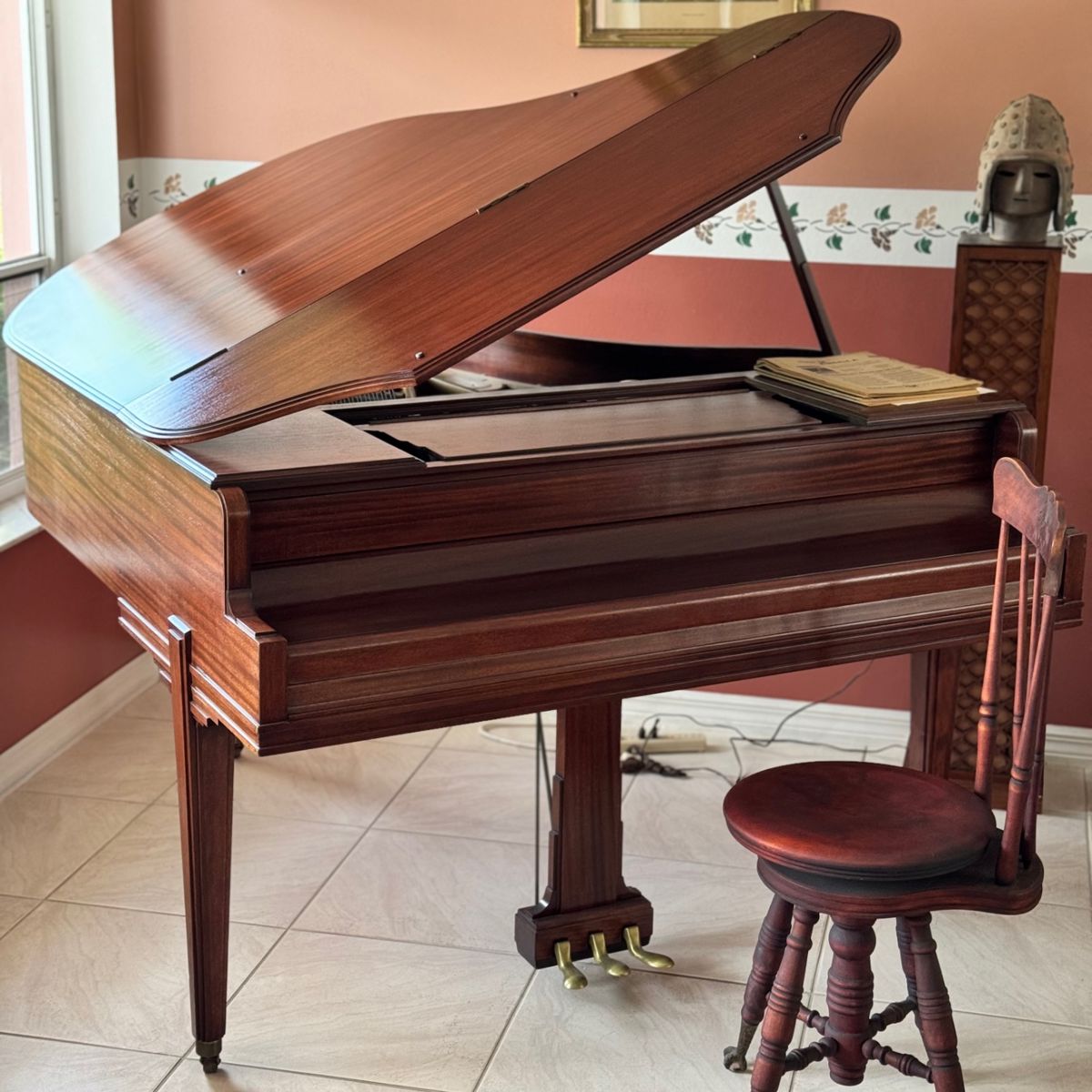 Baby Grand Piano & Antique spindle back piano stool with revolving adjustable seat and glass ball and claw feet