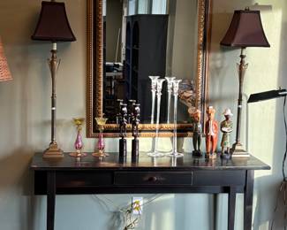 Hallway table, lamps, candlestick holders mirror