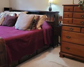 King Size Mattress with storage headboard and storage under bed, Maple dresser