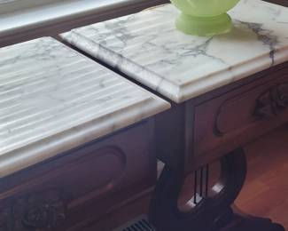 Genuine Mahogany Victoria marble top lyre base set of two tables, has matching coffee table