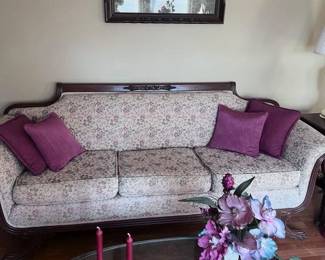 Heirloom Victorian sofa with carving detail, belonged to the Homeowner's Aunt, vintage tables, art