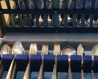 Towle sterling silver flatware set, Candlelight pattern 1934, 67 pieces total and Tarnish Resistant wooden storage box, see details below