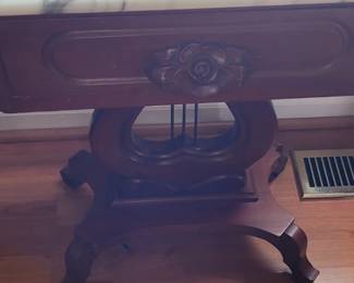 Marble top table with lyre design, one of two, with matching coffee table