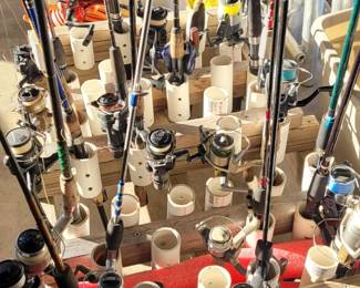 Over 100 rods & reels of all types! Please note:  we numbered and photographed several individual rods & reels as follows