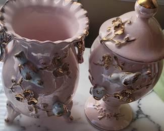 Fairyland pink luster lidded ginger jar & footed vase, hand-painted Japan