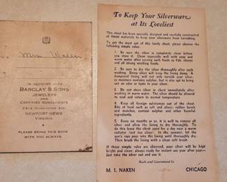 Towle sterling silver flatware, purchased at Barclay & Sons Jewelers in Newport News, original store booklet