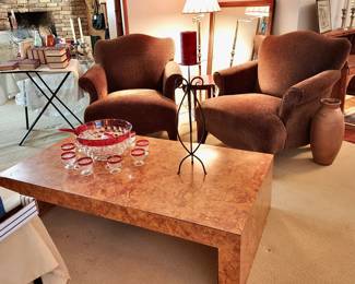 Armchairs, Burl Wood Coffee Table