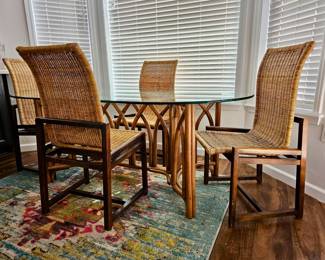 Dining chairs set (4 total) and dining table. Glass top bamboo dining table with 4 chairs. Mid-century modern cane and walnut dining chairs. 
