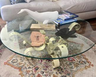 Vintage glass top and metal scrolled coffee table 