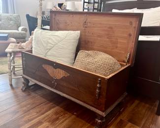 Vintage wood hope chest and throw pillows 