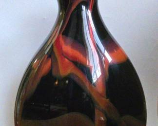 Large Blown Mottled Black And Orange Glass Vase.