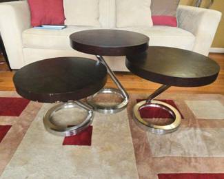 Contemporary Chrome And Wood Tables, Set of 3.