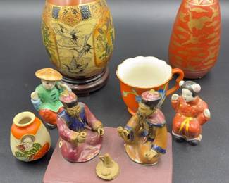 Japanese Satsuma Egg Tea Cup Vase Mini Asian Figurines Salt Pepper Shakers