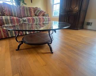Round Glass, Metal and Wood Coffee Table