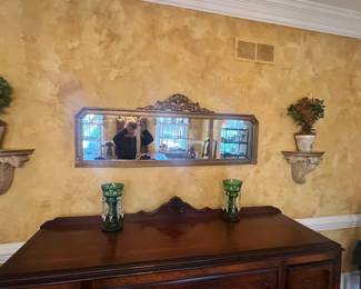 Ornate antique Tri 3-Panel Mantle Buffet Floral Etched Wall Mirror