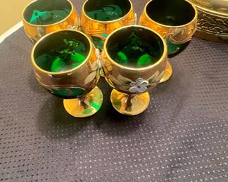 Vintage Bohemian Glass Emerald Green Gold Enamel Brandy Cognac Glass Set Of 5