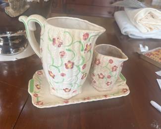 antique ceramic pitcher set, from Japan, featuring a Victorian mauve floral design.