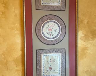 Mid Century Chinese Silk Embroidered Panels, Matted & Framed