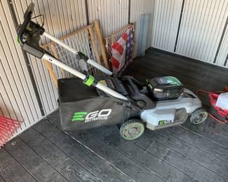 56 volt EGO battery powered lawnmower with bagger. Excellent condition. 21 inch with battery and charger.