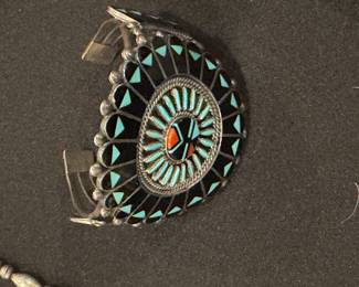 Needlepoint Inlaid signed Zuni cuff - large