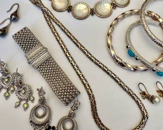 Michael Dawkins Sterling Silver Mother of Pearl Circle Bracelet , Judith Ripka  Sterling Silver Pave Diamonique Woven Mesh Magnetic Clasp Bracelet, Sterling Silver Bali Intricate Woven Chain Necklace, Judith Ripka Sterling Silver Heart Drop Earrings, Judith Ripka Sterling Silver Convertible Onyx Dangle Earrings, Judith Ripka Turquoise & Lapis Bangle Bracelet, Milor Sterling Silver Bangle Bracelet, Milor Sterling Silver Twisted Magnetic Hinged Bangle Bracelet