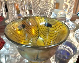 Robert Held For Waterford Evolution Multicolored Peacock Feather Iridescent Glass Bowl