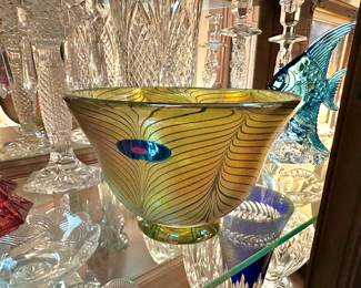 Robert Held For Waterford Evolution Multicolored Peacock Feather Iridescent Glass Bowl