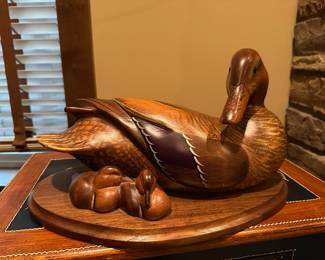 Carved Wood Mallard Duck with Ducklings on Base