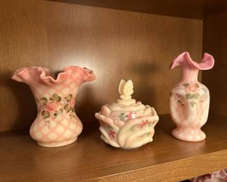 Fenton Hand Painted Burmese Diamond Optic Vase with Ruffle Rim, Fenton Burmese Covered Candy Dish with Hand Painted Cabbage Roses, Fenton Burmese Hand Painted Rose Diamond Optic Pinch Vase with Ruffle Rim