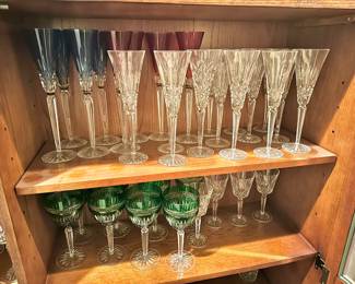 Waterford Crystal Lismore "Crimson" and "Jewels" Fluted Champagne Glasses, Waterford Crystal Ashbourne Toasting Flutes, Waterford Crystal Serenity Green Wine Glasses, Waterford Crystal Lismore Claret Wine Glasses